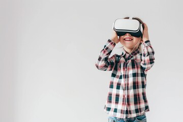Smiling little girl in checkered shirt using virtual reality headset over gray background. VR. Virtual reality concept with Copy Space.