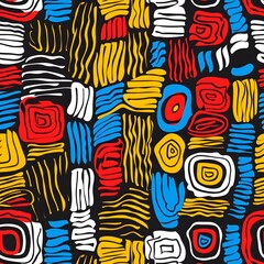 African geo bold seamless pattern in red yellow blue black and white colors - obrazy, fototapety, plakaty