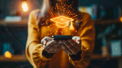 E-Learning Accessibility: A girl uses a smartphone, with a light-up academic cap hovering above their hand, symbolizing the use of technology to access educational resources.