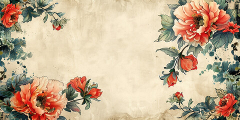 Vintage floral background with red flowers on old paper with text space - obrazy, fototapety, plakaty