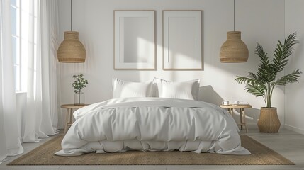 Contemporary minimalist bedroom featuring a serene white color palette, mockup art on the walls, and crisp linens - obrazy, fototapety, plakaty