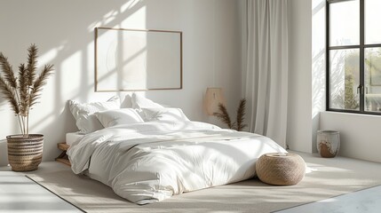Contemporary minimalist bedroom featuring a serene white color palette, mockup art on the walls, and crisp linens