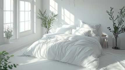 Contemporary minimalist bedroom featuring a serene white color palette, mockup art on the walls, and crisp linens