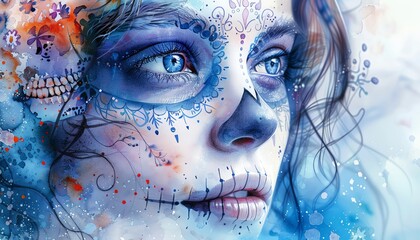 Craft a traditional art piece showcasing a womans serene face, adorned with delicate skull-themed makeup, using watercolor to blend ethereal tones and capture subtle nuances - obrazy, fototapety, plakaty
