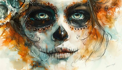 Craft a traditional art piece showcasing a womans serene face, adorned with delicate skull-themed makeup, using watercolor to blend ethereal tones and capture subtle nuances - obrazy, fototapety, plakaty