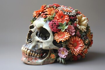 Craft a traditional clay sculpture depicting a skull from a tilted angle, contrasted by a vivid array of lifelike, vibrant flowers