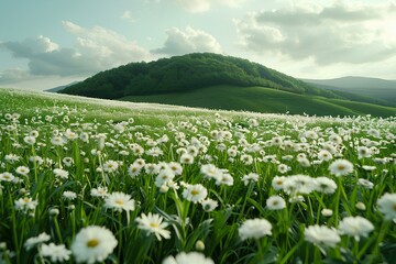 A field of white flowers with a mountain in the background with clouds in the sky above it and a