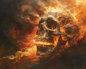 Craft a traditional oil painting showcasing a detailed worms-eye view skull with fiery hues and intense flames, evoking a sense of infernal power and torment - obrazy, fototapety, plakaty