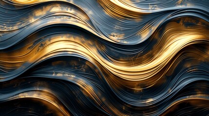Craft a visually striking Panoramic view Dynamic Flow Wallpaper with swirling lines in shimmering gold shades, using a combination of Traditional Art Medium and Digital Rendering Techniques to achieve - obrazy, fototapety, plakaty