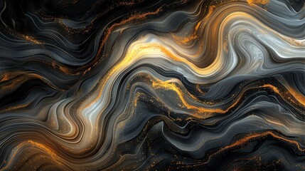 Craft a visually striking Panoramic view Dynamic Flow Wallpaper with swirling lines in shimmering gold shades, using a combination of Traditional Art Medium and Digital Rendering Techniques to achieve