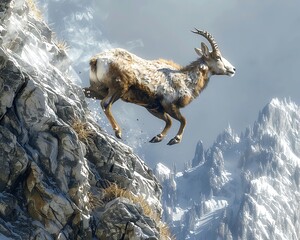 Create a dramatic scene of a Low-angle view of Chamois scampering across a rocky mountain face, rendered in CG 3D for a lifelike feel - obrazy, fototapety, plakaty
