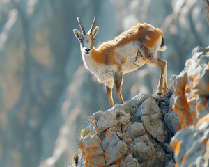 Create a dramatic scene of a Low-angle view of Chamois scampering across a rocky mountain face, rendered in CG 3D for a lifelike feel - obrazy, fototapety, plakaty