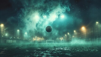 Dramatic scene of a decisive penalty kick in a soccer game, the ball mid-air heading towards the goal under a night sky - obrazy, fototapety, plakaty