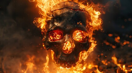 Intense scene of a flaming skull with fire blazing from the eyes, set against the dark, foreboding backdrop of hell - obrazy, fototapety, plakaty