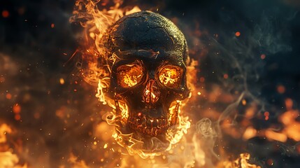 Intense scene of a flaming skull with fire blazing from the eyes, set against the dark, foreboding backdrop of hell - obrazy, fototapety, plakaty