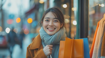 Joyful Asian woman with a bright smile, walking away from a luxury store window, fashionable shopping bags in both hands - obrazy, fototapety, plakaty