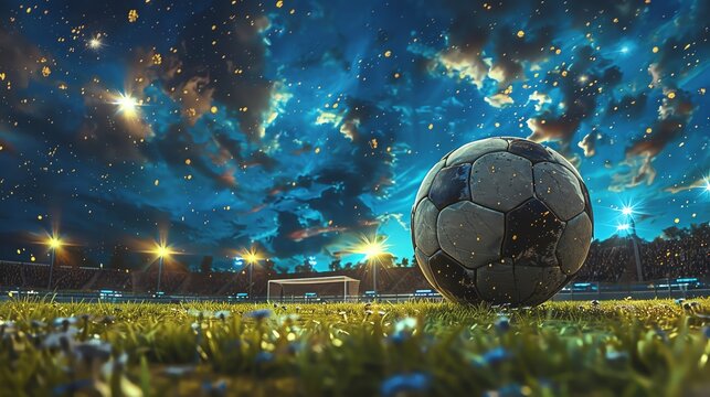 Dramatic scene of a decisive penalty kick in a soccer game, the ball mid-air heading towards the goal under a night sky