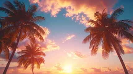 Fototapeta na wymiar palms tree on sunset sky background