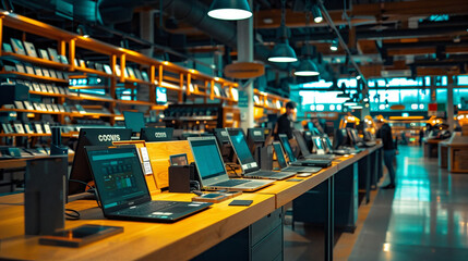 an indoor computer sales market, counters filled with demo laptops, under the warm glow of overhead lights. The setting captures the hustle of customers exploring technology.