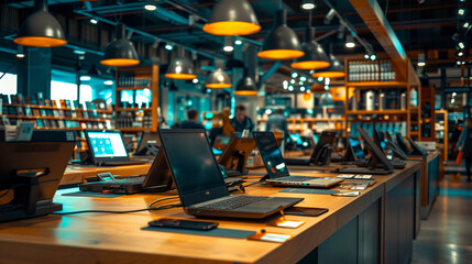 an indoor computer sales market, counters filled with demo laptops, under the warm glow of overhead lights. The setting captures the hustle of customers exploring technology.