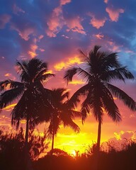 palms tree on pink sunset background - obrazy, fototapety, plakaty