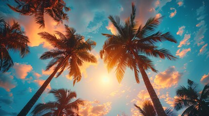 palms tree on sunset sky background - obrazy, fototapety, plakaty