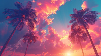 palms tree on pink sunset background - obrazy, fototapety, plakaty