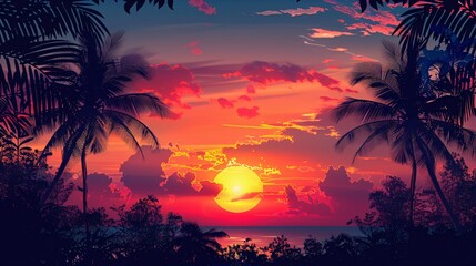 palms tree on golden sunset sky background - obrazy, fototapety, plakaty