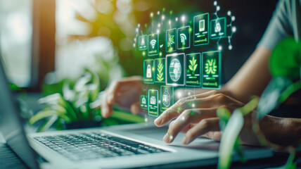 
Green Tech Interface: Person in denim uses a laptop with icons like a plant-light bulb, recycling symbol, and leafy house, emphasizing eco-friendly initiatives.