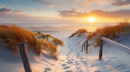 Beautiful sand dune beach at sunset with wooden bridge - obrazy, fototapety, plakaty