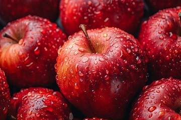 Several red apples with water droplets are closely packed, looking fresh and shiny under bright light.