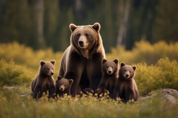 'mother brown bear cubs family adorable animal finnish taiga baby cute emotional finland forest grizzly mammal nature nordic security small ursus wild wildlife'