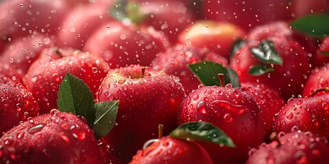 Several ripe red apples with droplets of water, glowing under light, foreground focused with blurred background.