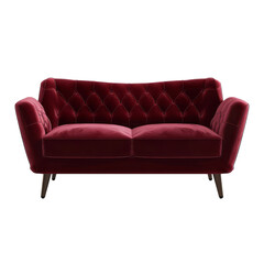 Red velour luxury upholstered sofa with rivets on transparent background 