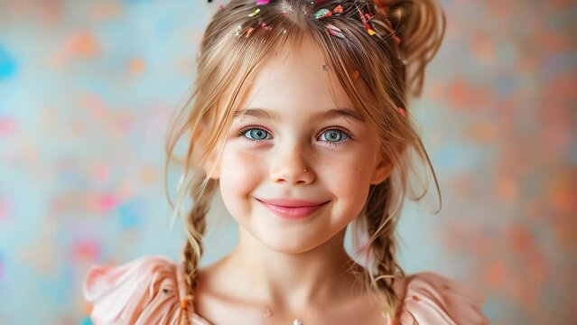 Little girl blonde in a pink dress catches confetti smiling happy on festive background, holiday concept. A child is celebrating a birthday party