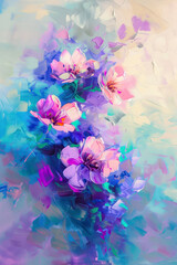 Vertical Abstract colorful oil painting purple cosmos flower, rhododendron flowers.