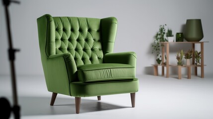 Green leather armchair on a gray background. 3D Rendering