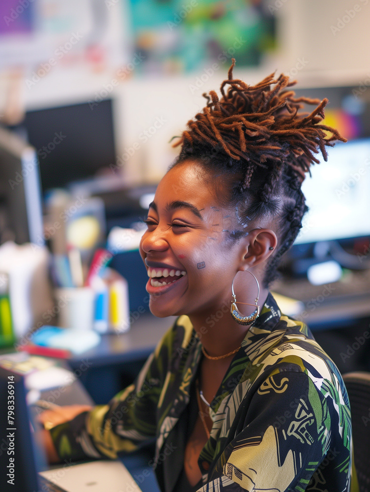 Wall mural Smiling african american woman at her workplace, working hard in the office at her desk. Pleasant working atmosphere