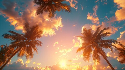 Fototapeta na wymiar palms tree on sunset summer sky background
