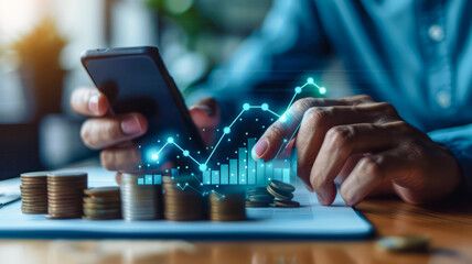 
Financial Analysis in Action: Businessperson at desk views smartphone data linked to rising financial trends shown by an upward arrow on digital graph over coin stacks, suggesting investment success.