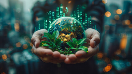 Fototapeta premium Eco-Friendly Industrial Innovation: Hands cup a holographic globe with a green factory, leaves as chimneys, and CO2 symbols, highlighting efforts to reduce emissions and promote sustainability.