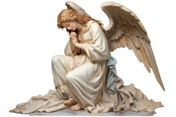 Adoring kneeling angel statue white background representation spirituality.