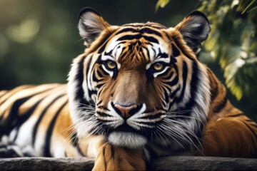 Fototapeta premium 'angry tiger beautiful panthera sumatran portrait tigris animal sumatrae cat wildlife wild mammal predator carnivore zoo nature felino big head bengal siberian striped stripes fur face hunter black'