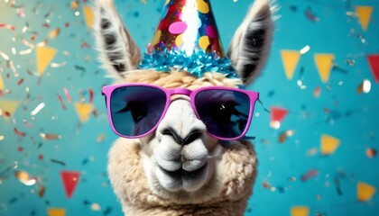 'party eve Year's festive animals carnival sylvester funny Happy Birthday celebration card background Alpaca New other sunglasses hat confetti blue animal c'