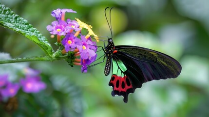 A colorful butterfly with a long thin proboscis delicately sipping nectar from a purple flower.. - obrazy, fototapety, plakaty