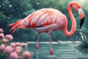 'flamingo watercolor illustration isolated hand-drawn natural bird tropical white red feather aquarelle drawing card love pink beak vignetting painting beauty elegance art artistic beautiful zoo wild'