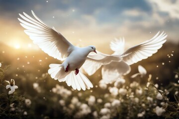 'white 2 flight dove pigeon bird fly flying angel angelic faith holy spirit spiritual religion religious peace hope wing feather tail up soaring graceful pure purity free freedom nature isolated' - obrazy, fototapety, plakaty