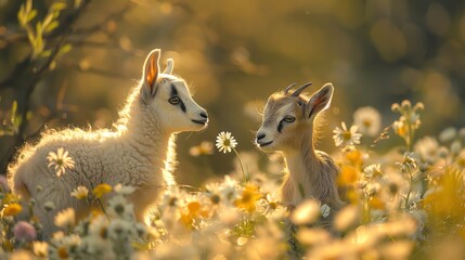 Fototapeta premium Heartwarming moment as a baby serow stands amidst spring flowers, meeting a playful baby goat, surrounded by gentle, loving light