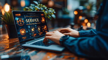 Service Tech Interface: Person in blue shirt uses a laptop with floating icons like a team symbol, wrench, and handshake, indicating management of customer service and professional services.