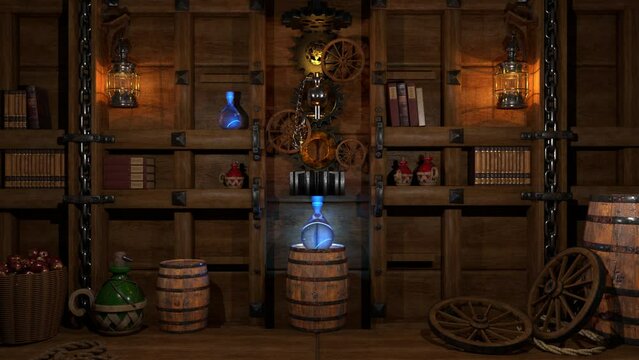 Enter the wizard's workshop, where magic brews amidst steampunk wonders: gears, wheels, clockwork, and rivets craft an enchanting elixir